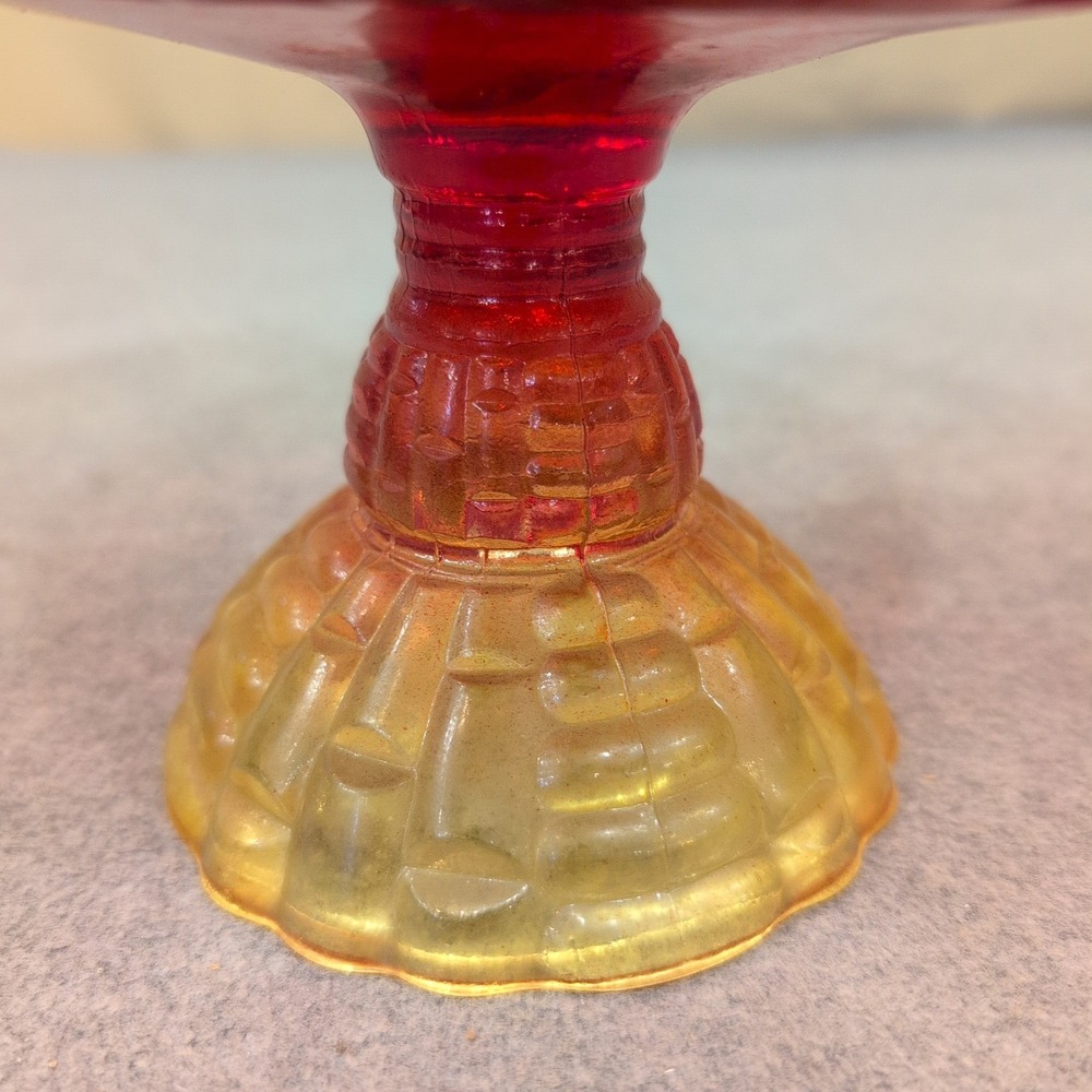 Vintage Amberina Glass Basketweave Compote Footed Candy Dish Red Yellow Scallop - Picture 3 of 7